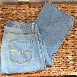 Kimes Ranch Women's Light Blue Boot Cut Jeans with Yellow Pocket Stitching